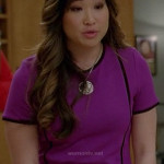 Tina’s purple shift dress with black trim on Glee