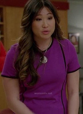 Tina's purple shift dress with black trim on Glee