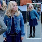 Alex’s blue printed dress, denim shearling jacket and black wedge booties on Happy Endings