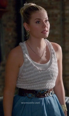 Alex’s grey and white striped knit tank top and blue flared skirt on Happy Endings