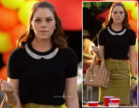 AnnaBeth’s black sweater with jewel collar and bow pencil skirt on Hart of Dixie