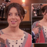 April’s cat print shirt and pink and grey cardigan on Parks & Recreation