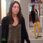 April’s black chevron striped top with yellow ankle-zip jeans on Parks & Recreation