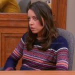 April’s navy blue sweater with patterned stripes on Parks & Recreation