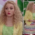 Carrie’s lime green top with yellow blazer and rainbow striped skirt on The Carrie Diaries