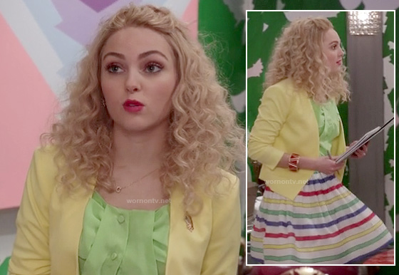 Carrie’s lime green top with yellow blazer and rainbow striped skirt on The Carrie Diaries