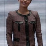 Juliette’s tweed jacket with black leather trim on Nashville