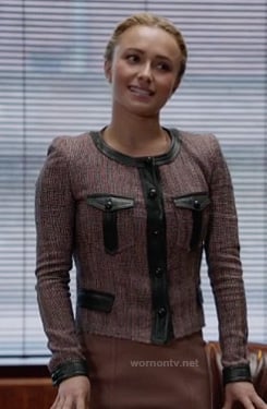 Juliette's tweed jacket with black leather trim on Nashville