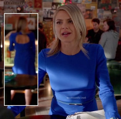 Jane's blue long sleeved dress with open back on Happy Endings