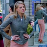 Jane’s grey leather jacket with pink jeans and booties on Happy Endings