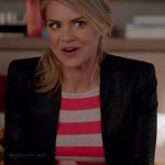 Jane’s pink and white striped long sleeve tee and black blazer on Happy Endings