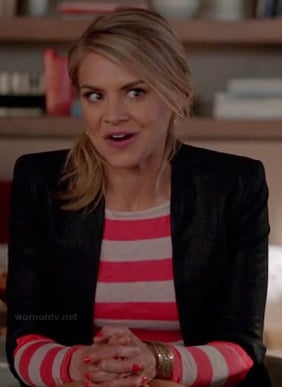 Jane's pink and white striped long sleeve tee and black blazer on Happy Endings