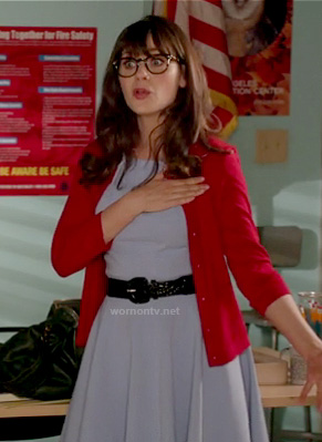 Jess’s pastel blue dress with red cardigan and black belt on New Girl