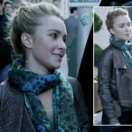 Juliette’s leather jacket and blue/green ombre leopard print scarf on Nashville