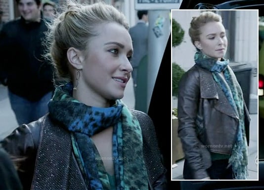 Juliette's leather jacket and blue/green ombre leopard print scarf on Nashville