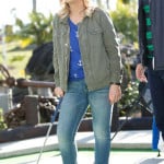 Leslie’s blue anchor print sweater and army green jacket on Parks and Recreation