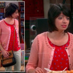 Lucy’s red printed top, pink stitch cardigan