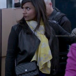 Mindy’s leather panel jacket, yellow scarf and blue/black skirt on The Mindy Project