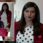 Mindy’s red heart cardigan, polka dot dress and red bag on The Mindy Project