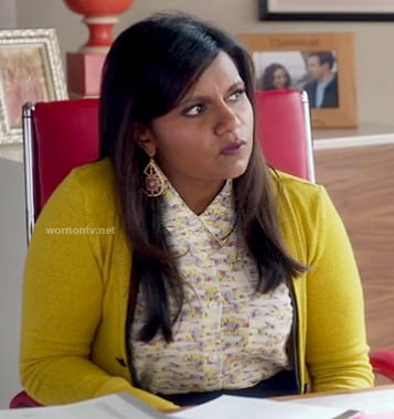 Mindy's yellow cardigan and printed shirt on The Mindy Project