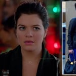 Penny’s black leather jacket and back with sideways heart necklace on Happy Endings