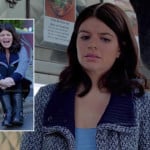 Penny’s blue jacket with ribbed shawl collar and black boots on Happy Endings