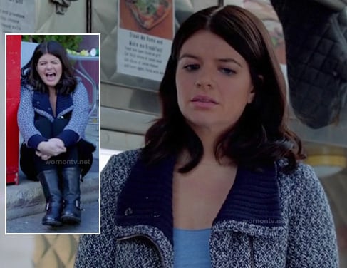 Penny's blue jacket with ribbed shawl collar and black boots on Happy Endings