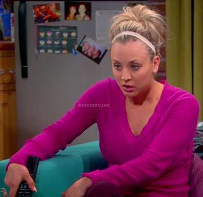 Penny's hot pink v-neck sweater on The Big Bang Theory