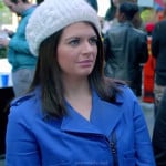 Penny’s cobalt blue moto jacket and white knit beanie on Happy Endings