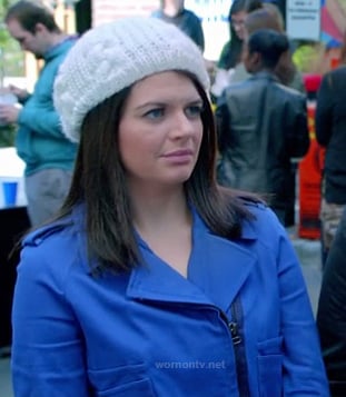 Penny's cobalt blue moto jacket and white knit beanie on Happy Endings