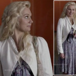 Scarlett’s purple paisley dress and white cropped jacket on Nashville