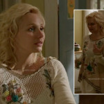 Scarlett’s white crochet knit sweater with flower details on Nashville