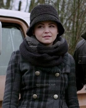 Mary's grey check print coat, black bucket hat and grey scarf on Once Upon a Time