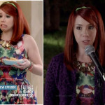 Tamara’s tropical print dress and purple leopard print cardigan on Awkward