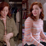 Tessa’s orange striped sweater and army green parka jacket on Suburgatory