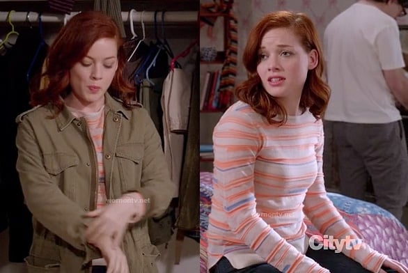 Tessa's orange striped sweater and army green parka jacket on Suburgatory