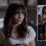 Ashley’s white top with beaded neckline and black leather skirt on Revenge