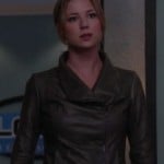 Emily’s dark grey leather moto jacket on Revenge