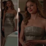 Emily’s strapless metallic engagement party dress on Revenge