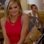 Jane’s red dress with tan belt and bag on Happy Endings