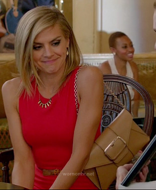 Jane's red dress with tan belt and bag on Happy Endings