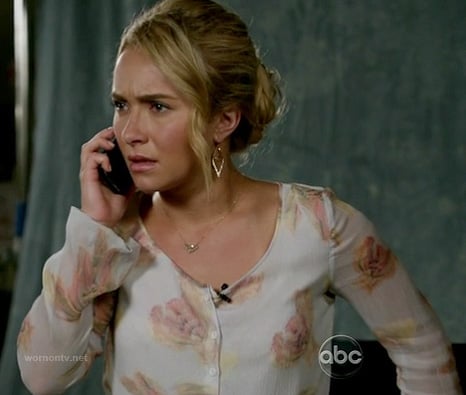 Juliette's white floral v-neck blouse on Nashville