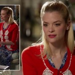 Lemon’s red and white sequinned cardigan and blue patterned dress on Hart of Dixie