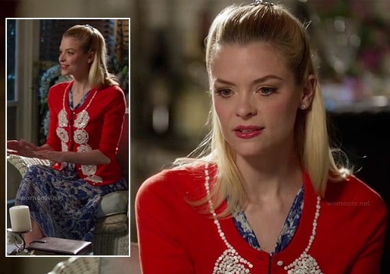 Lemon's red and white sequinned cardigan and blue patterned dress on Hart of Dixie