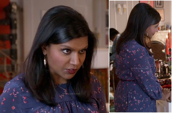 Mindy's blue and pink bird print dress on The Mindy Project