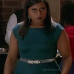 Mindy’s teal green peplum dress with jewelled belt on The Mindy Project