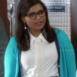 Mindy’s turquoise blue cardigan and white top with tie on The Mindy Project