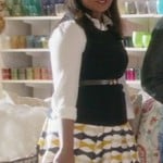 Mindy’s yellow geo print skirt with white shirt on The Mindy Project