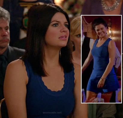 Penny's blue scalloped dress at the wedding on Happy Endings