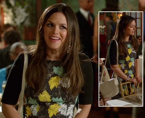 Zoe's black, yellow and green leaf print dress and white purse on Hart of Dixie